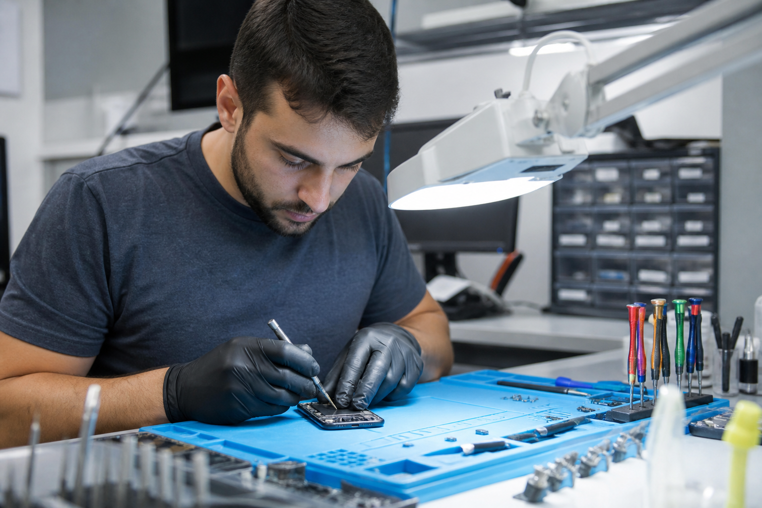 Technician repairing a device at the bench